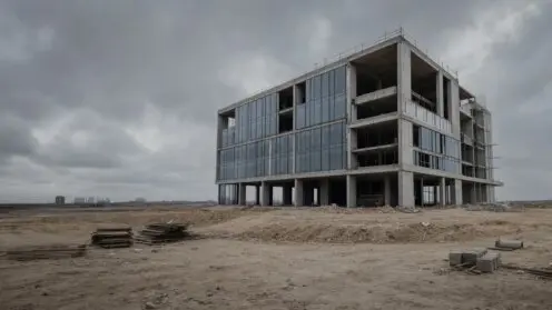 Teilweise fertiggestelltes modernes Bürogebäude auf unebenem, sandigem Baugrund ohne Arbeiter, mit Baumaterialien verstreut, unter bewölktem Himmel.
