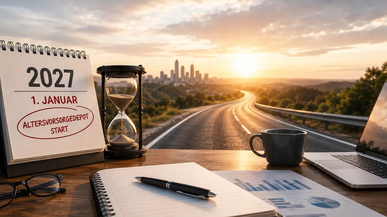 Schreibtisch mit Kalender zum 1. Januar 2027 und dem Hinweis „Altersvorsorgedepot Start“, daneben eine Sanduhr. Im Hintergrund führt eine Straße im Sonnenlicht in Richtung einer Stadt – als Symbol für den bevorstehenden Start und die Vorbereitung auf die neue Altersvorsorge.