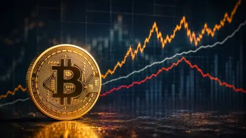 Bitcoin-Münze vor schwankender Börsenkurve, im Hintergrund ein Inflations-Chart als Vergleichslinie.