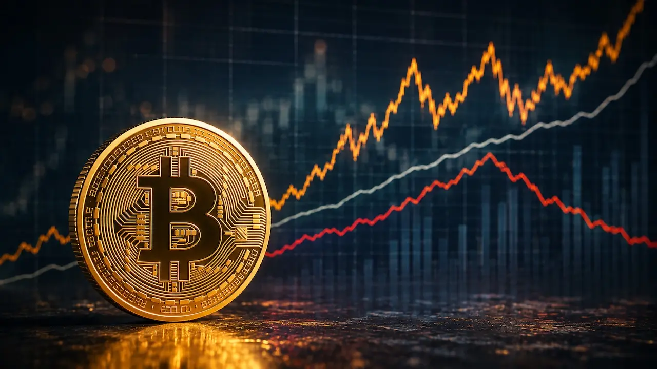 Bitcoin-Münze vor schwankender Börsenkurve, im Hintergrund ein Inflations-Chart als Vergleichslinie.