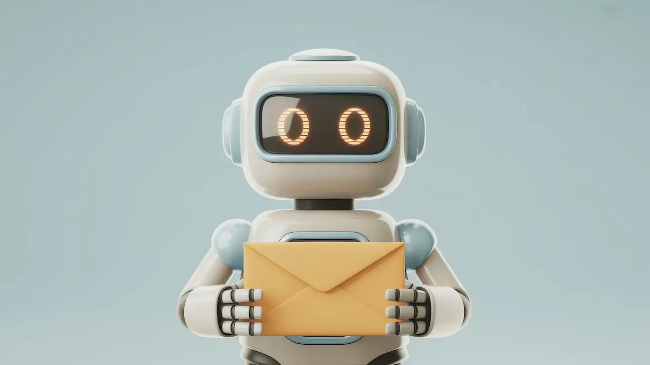 Animierter Roboter mit Briefumschlag in den Händen