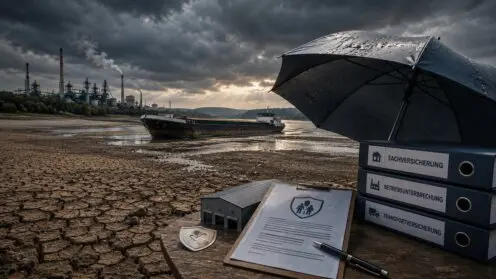 Versicherungsunterlagen und Schutzsymbol vor einem ausgetrockneten Rheinbett mit Frachtschiff und Industrieanlagen im Hintergrund.