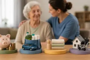 Ältere Frau mit Pflegekraft im Hintergrund, davor Symbole für Pflegegeld, Alltagshilfe, häusliche Unterstützung und Mobilität.