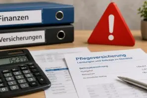 Taschenrechner und Finanzunterlagen zur Pflegeversicherung auf einem Schreibtisch, im Hintergrund ein rotes Warnsymbol.