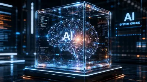 Digitales Gehirn in einem Glasquader (KI-Bild)