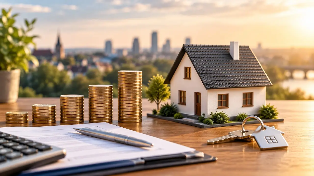 Symbolbild: Modellhaus und Münzstapel als Sinnbild für Wohnkosten und den Weg zum Eigenheim.