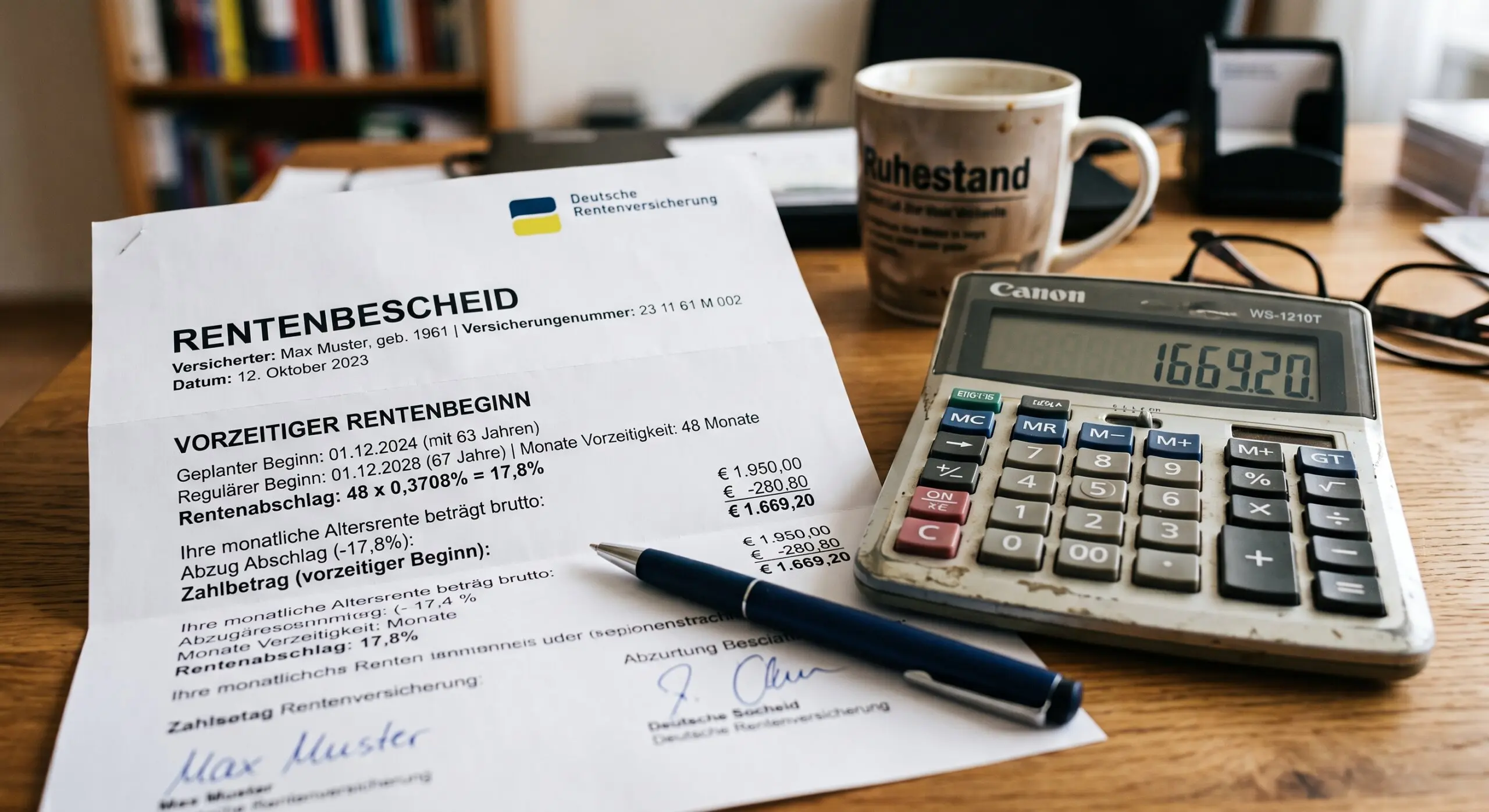 Nahaufnahme eines Rentenbescheids neben einem Taschenrechner auf einem Schreibtisch, symbolisiert die Berechnung von Rentenabschlägen bei vorzeitigem Rentenbeginn.