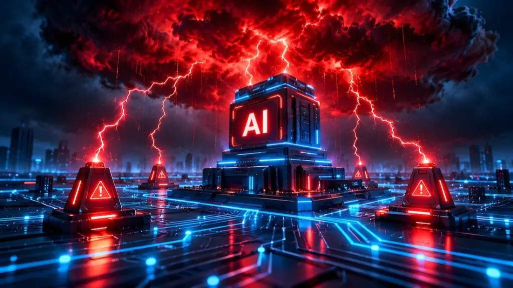 Dystopisches KI-Mainframe-System mit roten Blitzen und Sicherheitswarnmeldungen