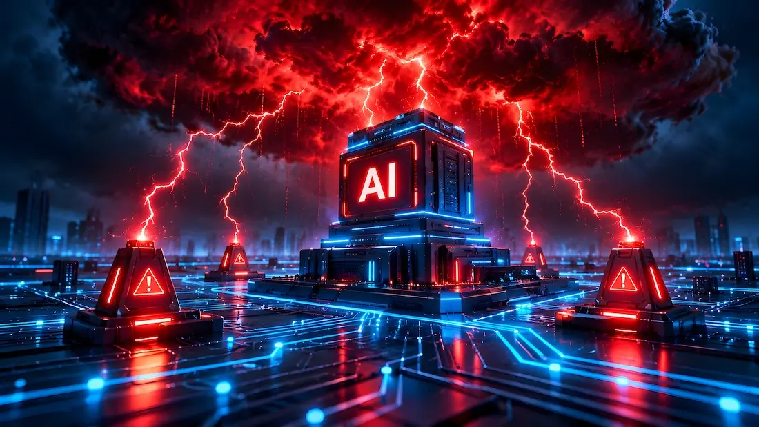 Dystopisches KI-Mainframe-System mit roten Blitzen und Sicherheitswarnmeldungen