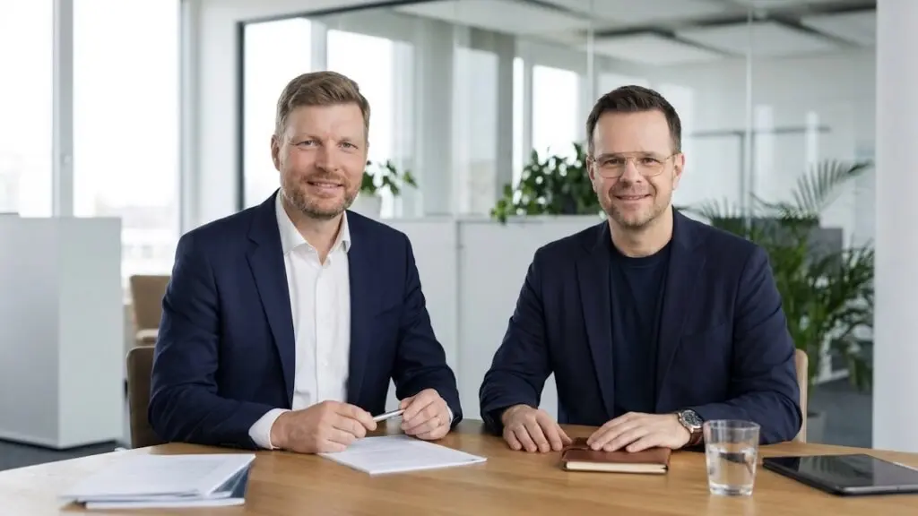 Christian Bartsch (links) und Stefan Liebig sitzen an einem Besprechungstisch.
