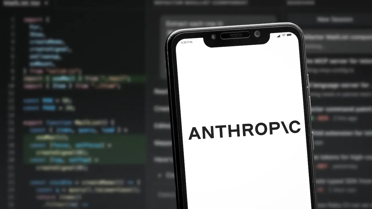 Ein Smartphone mit dem Anthropic-Logo auf dem Display steht scharf im Vordergrund vor einem verschwommenen Computerbildschirm mit Code.