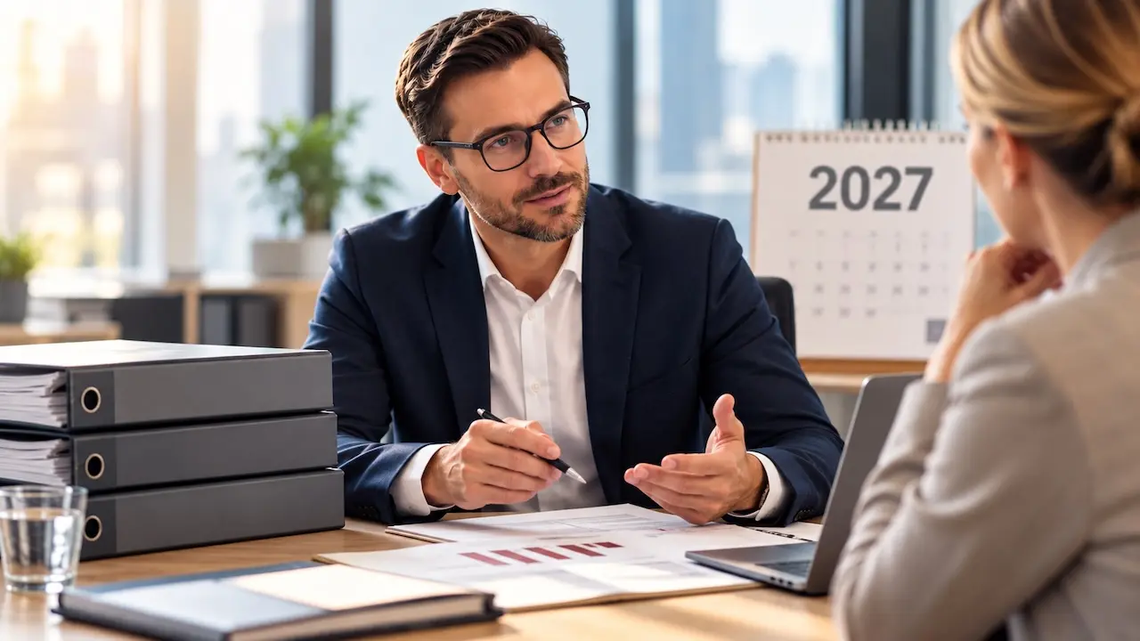 Finanzberater im Gespräch mit einer Kundin über Versicherungsbeiträge und finanzielle Planungen für 2027. Im Hintergrund ein Kalender mit der Jahreszahl 2027.
