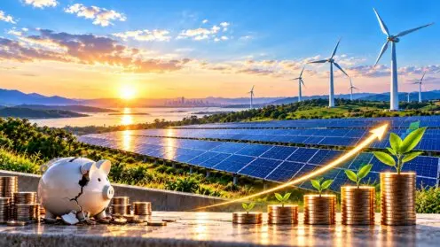 Sonnenuntergang über einer Landschaft mit Solaranlagen und Windrädern. Im Vordergrund stehen ein zerbrochenes Sparschwein und wachsende Münzstapel mit Pflanzen, verbunden durch einen leuchtenden Aufwärtspfeil.