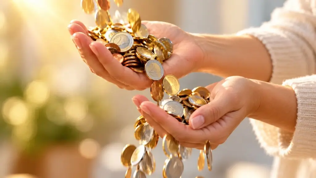 Zwei Hände im Streiflicht: Münzen fließen in die eine Hand, während aus der anderen Münzen abfließen.