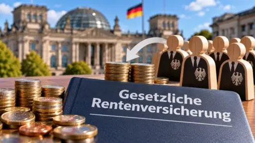 Symbolbild zur Rentenreform 2027: Buch mit der Aufschrift „Gesetzliche Rentenversicherung“, Euro-Münzen und stilisierte Bundestagsabgeordnete vor dem Reichstagsgebäude in Berlin.