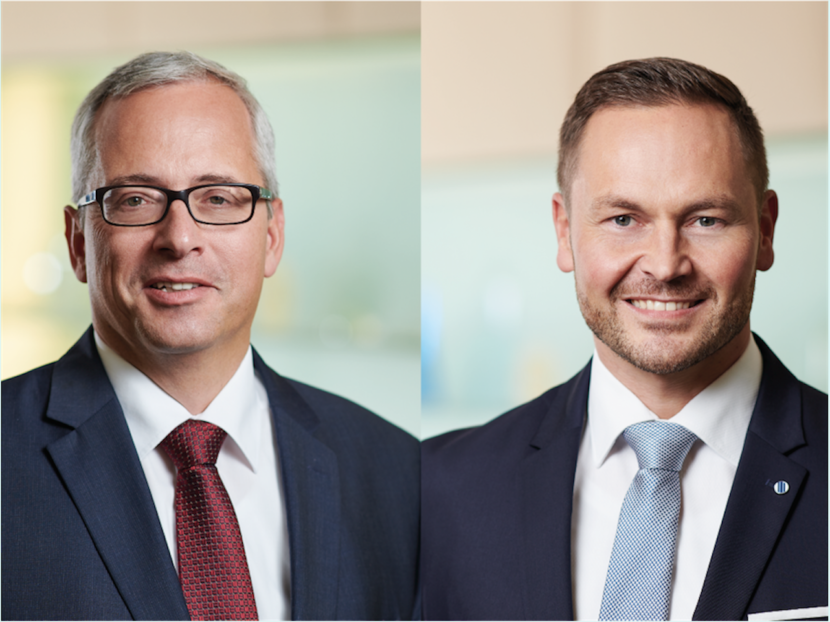 Porträtfotos von Norman Lemke und David Schäfer, beide mit weißem Hemd, Sakko und Krawatte