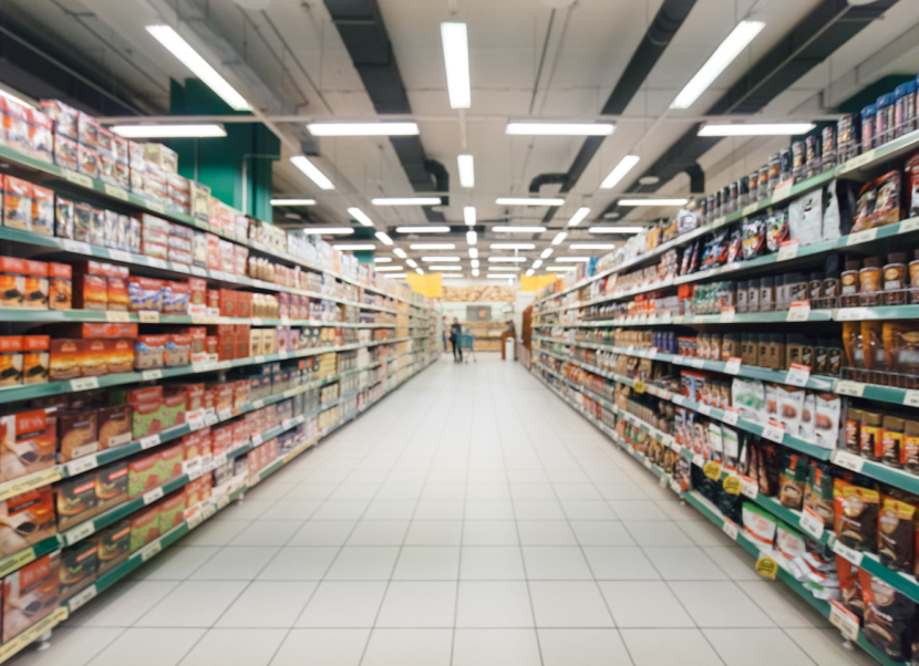 Supermarktgang mit gefüllten Regalen