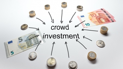 Kreis aus Geldscheinen und Münzen um das Wort Crowdinvesting