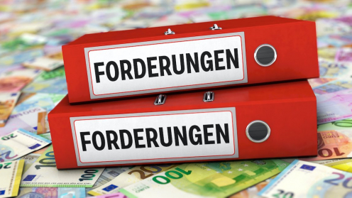 Zwei rote Aktenordner liegen auf Geldscheinen. Die Ordner haben beide die Aufschrift Forderungen