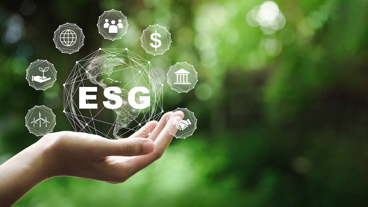 Eine Hand vor einem grünen Hintergrund mit den Buchstaben ESG in der Hand