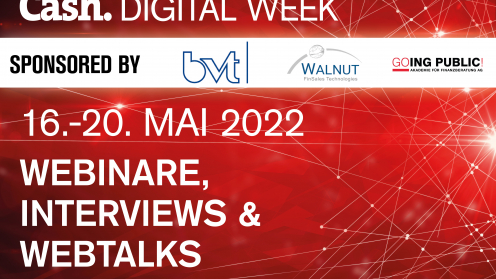 Weiße Schrift auf rotem Hintergrund: Cash. Digital Week 2022 16. bis 20. Mai 2022 Webinare Interviews Webtalks