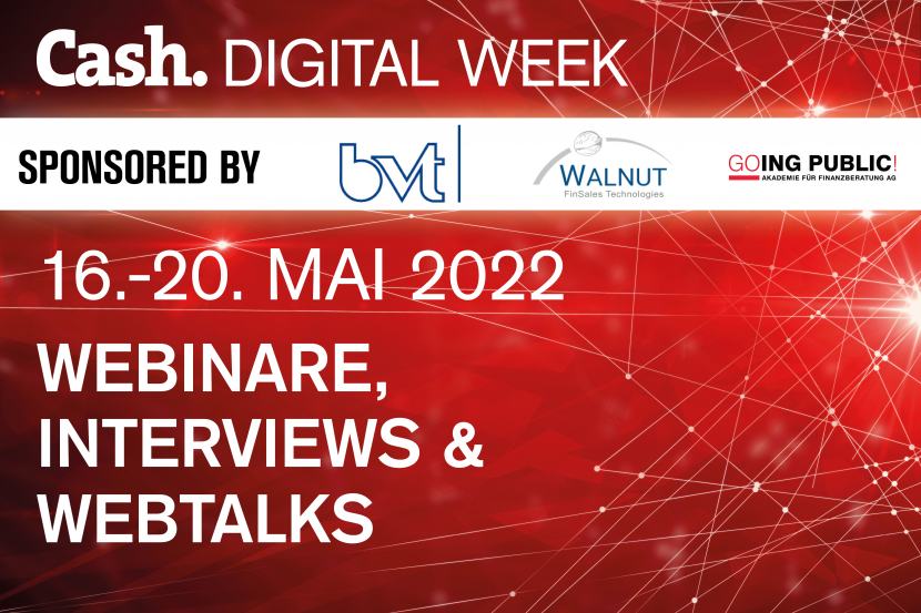 Weiße Schrift auf rotem Hintergrund: Cash. Digital Week 2022 16. bis 20. Mai 2022 Webinare Interviews Webtalks