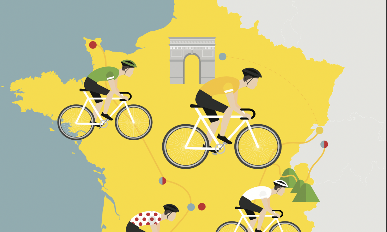 Grafik mit den Umrissen von Frankreich in gelb und darüber gezeichnete Fahrradfahrer