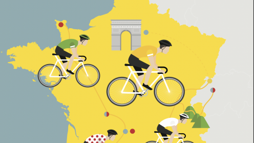 Grafik mit den Umrissen von Frankreich in gelb und darüber gezeichnete Fahrradfahrer