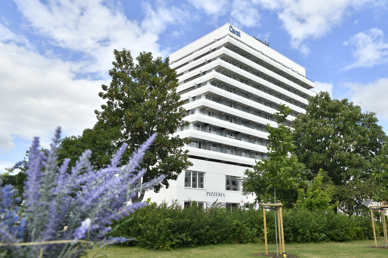 Ein weißes großes Hotel auf einer grünen Wiese und grünen Baumen rundherum und blauem Himmel