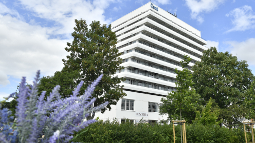 Ein weißes großes Hotel auf einer grünen Wiese und grünen Baumen rundherum und blauem Himmel