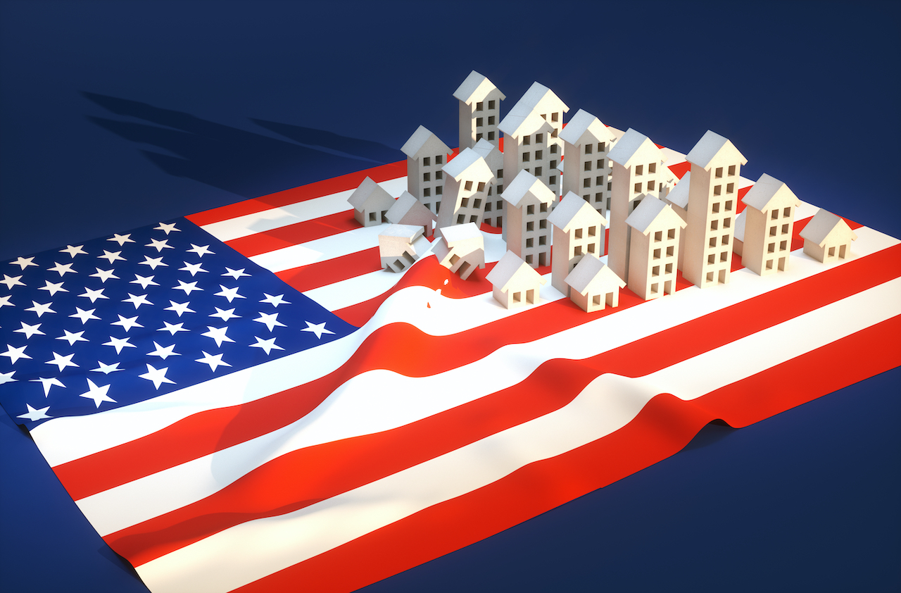 US Flagge mit Holzhäusern