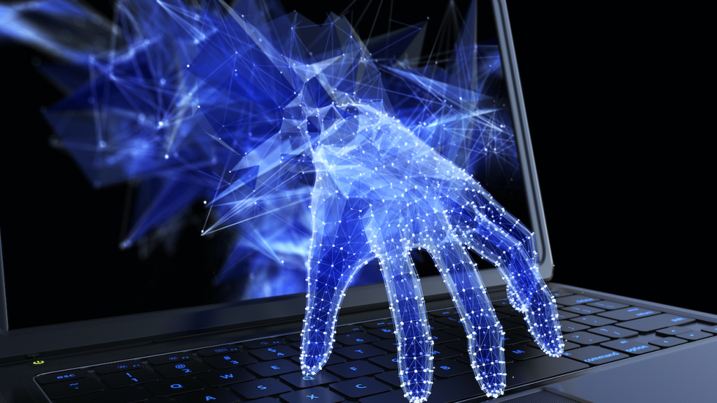 Eine digitale Hand kommt aus einem Laptop-Bildschirm