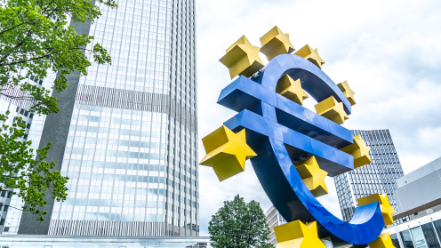 Ein großes blaues Eurozeichen in Frankfurt vor Hochhäusern