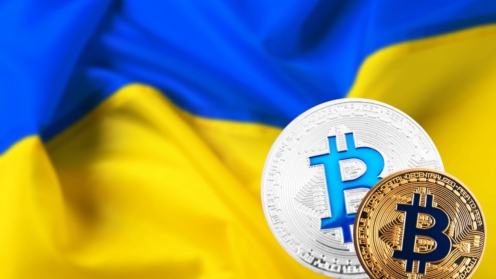 Ukraine-Flagge und Bitcoin