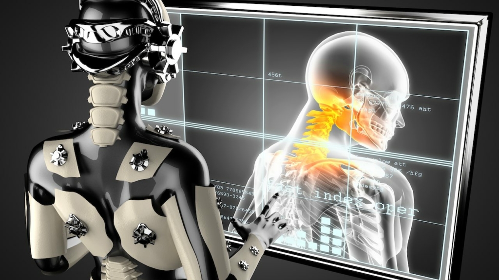 Roboter vor Hologramm