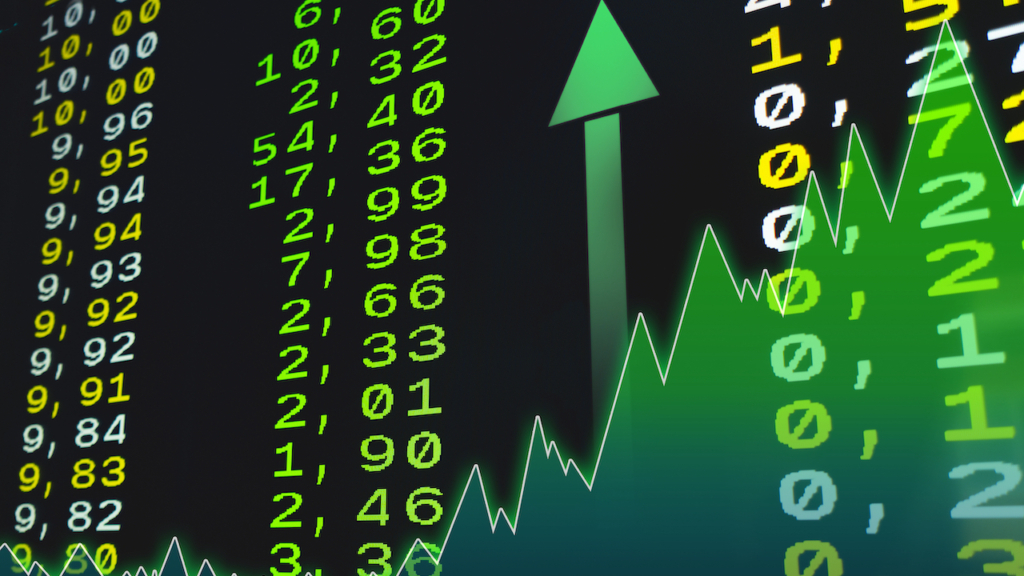 Börsenwerte in grünen Zahlen, die die gestiegenen Aktienkurse auf Teletex zeigen