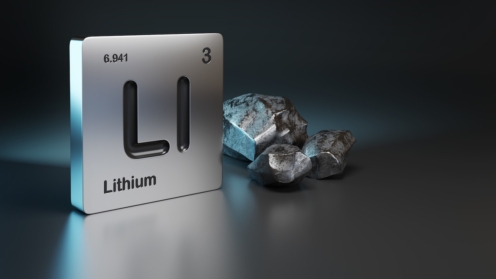 Lithium-Element Symbol aus dem Periodensystem in der Nähe von metallischem Lithium mit Kopierraum. 3D-Illustration.