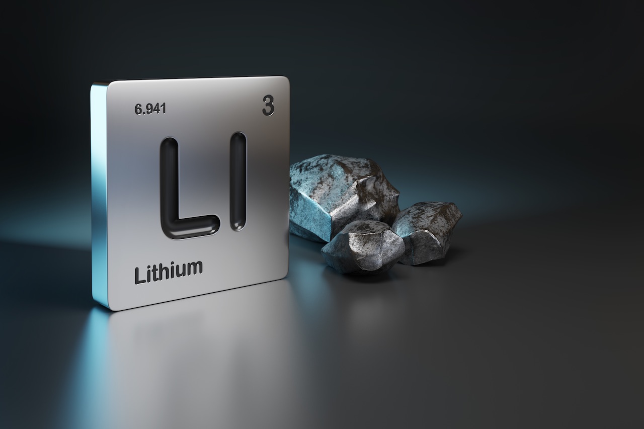 Lithium-Element Symbol aus dem Periodensystem in der Nähe von metallischem Lithium mit Kopierraum. 3D-Illustration.