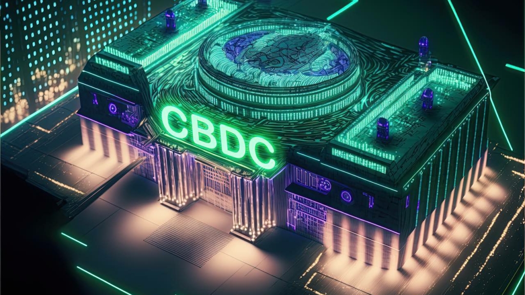 Digitale Bank mit dem Schriftzug CBDC für Central Bank Digital Currency