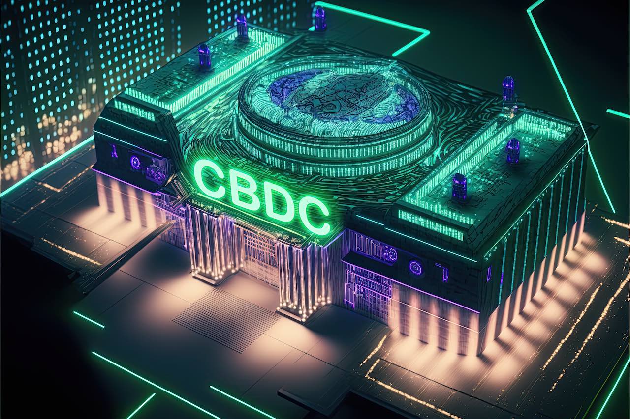 Digitale Bank mit dem Schriftzug CBDC für Central Bank Digital Currency