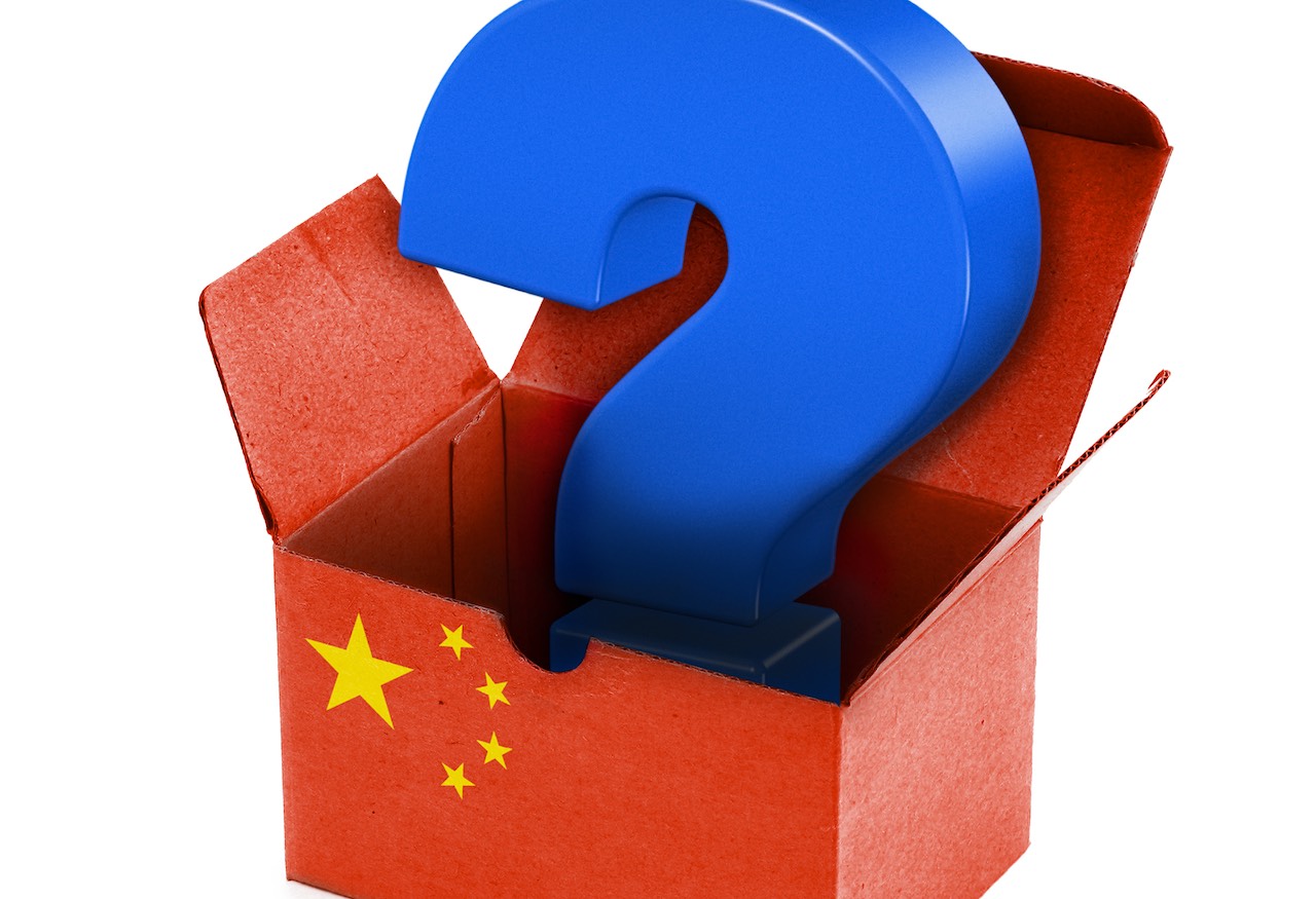 Fragezeichen in einer Box mit China-Flagge