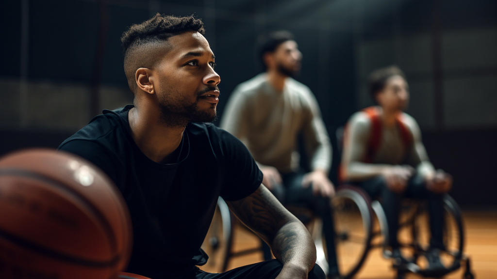 African american man with basketball ball sitting in wheelchair in gym, generative ai