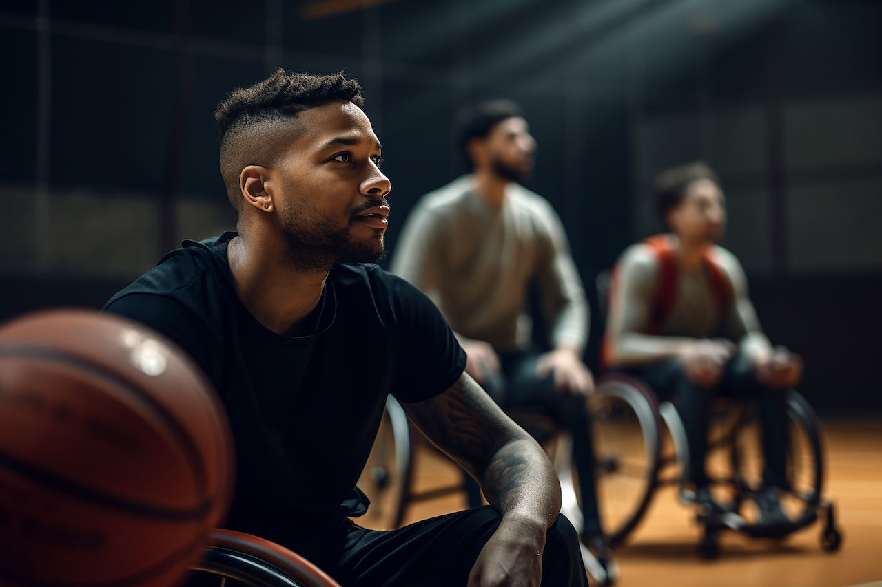 African american man with basketball ball sitting in wheelchair in gym, generative ai