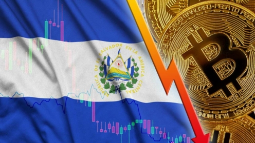 Bitcoin mit stark fallendem Kurspfeil vor der Flagge von El Salvador