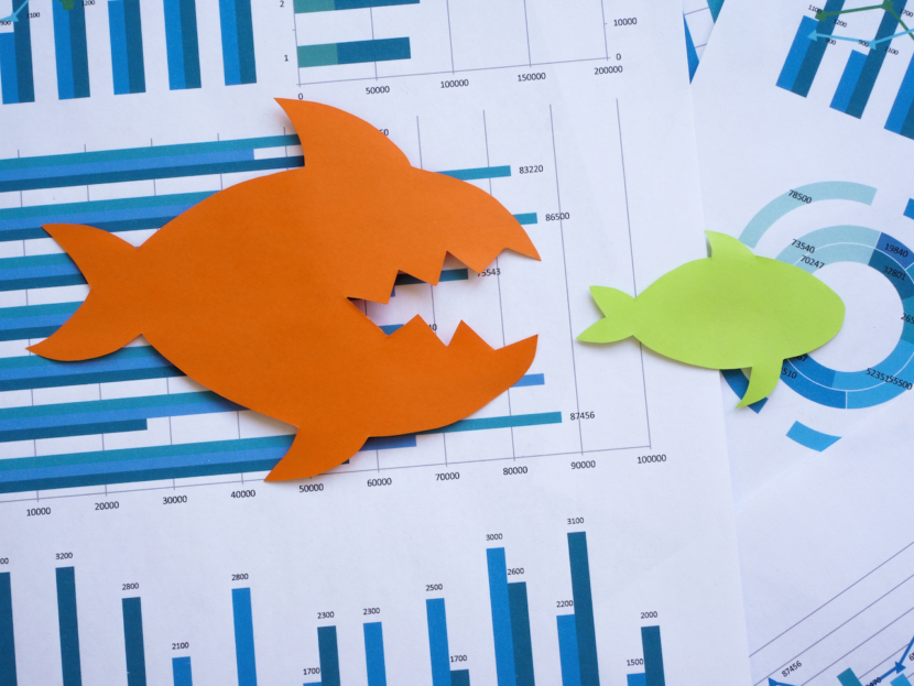 Mergers and acquisitions concept. Two paper fish lie on