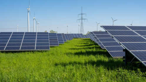 Solar panels, wind turbines and electricity pylons seen in Germany