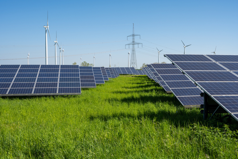 Solar panels, wind turbines and electricity pylons seen in Germany