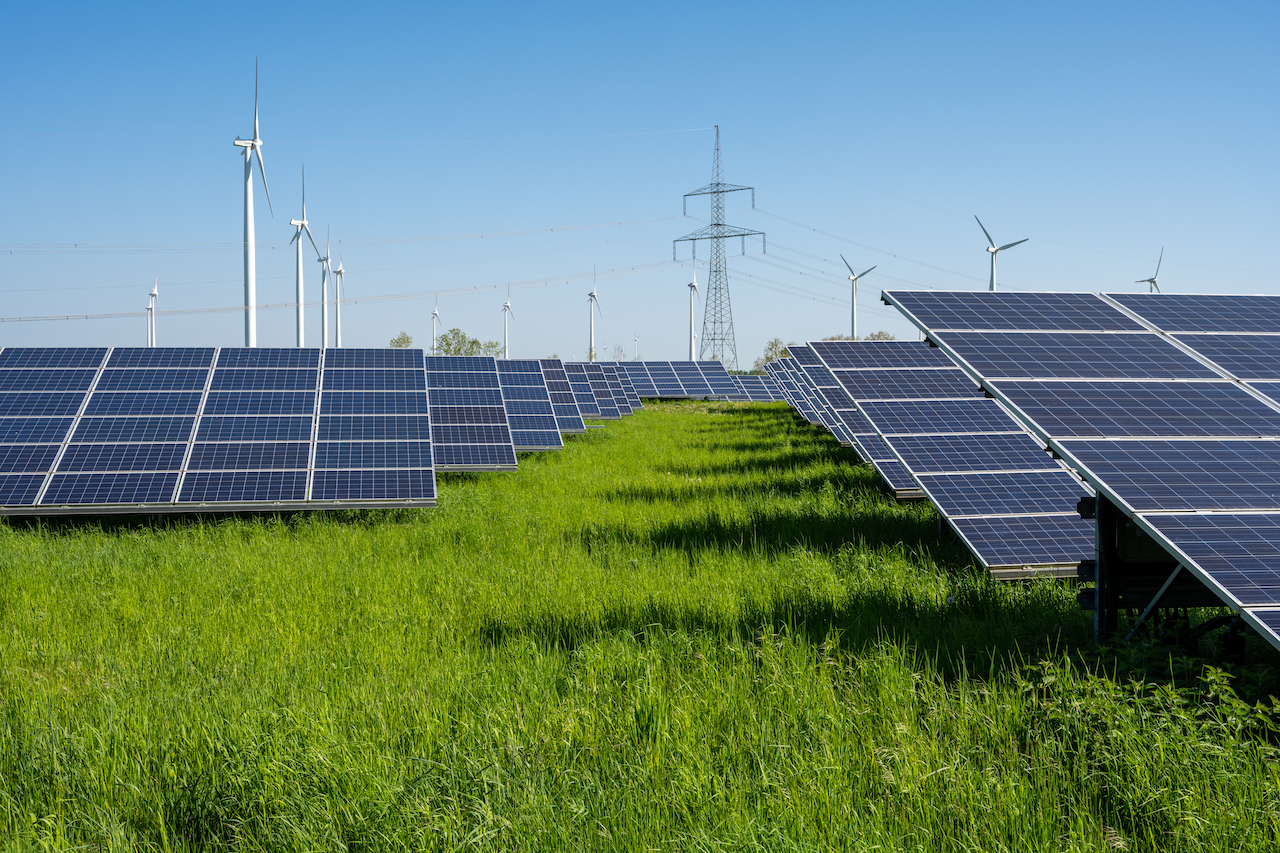 Solar panels, wind turbines and electricity pylons seen in Germany