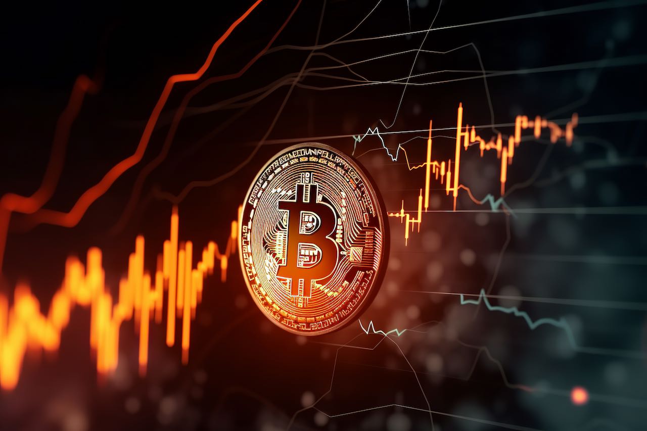 Bitcoin in Flammen hinter steigendem Kursverlauf
