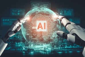 Roboterhaende halten ein AI-Hologramm